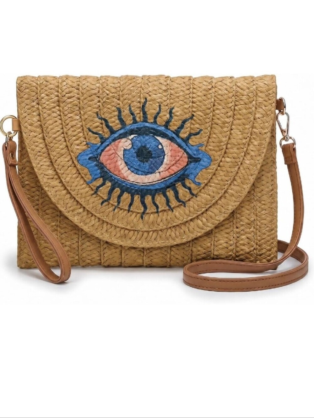 Woven Straw Crossbody Bag with Blue Eye Embroidery